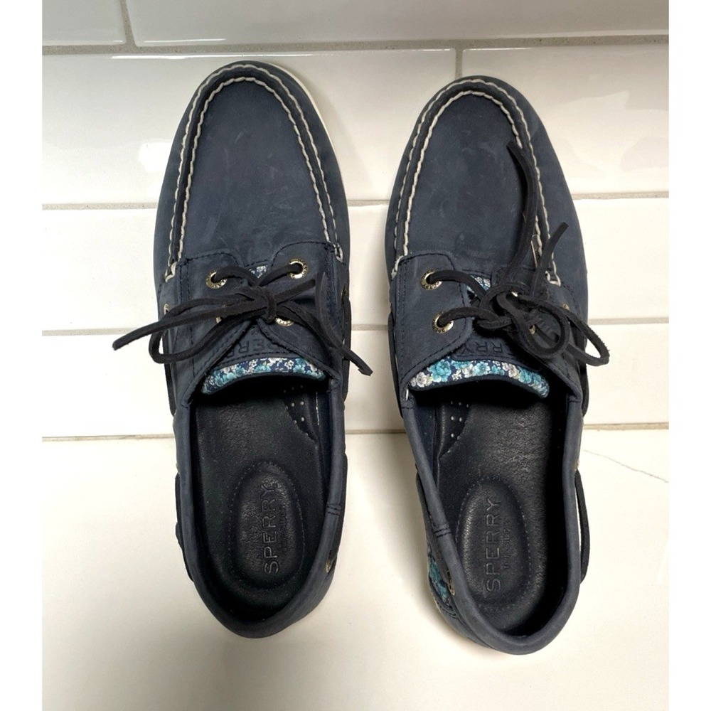 Sperry Top-Sider Women Boat Shoe Blue Leather Floral Print STS88692  Size 8 1/2W